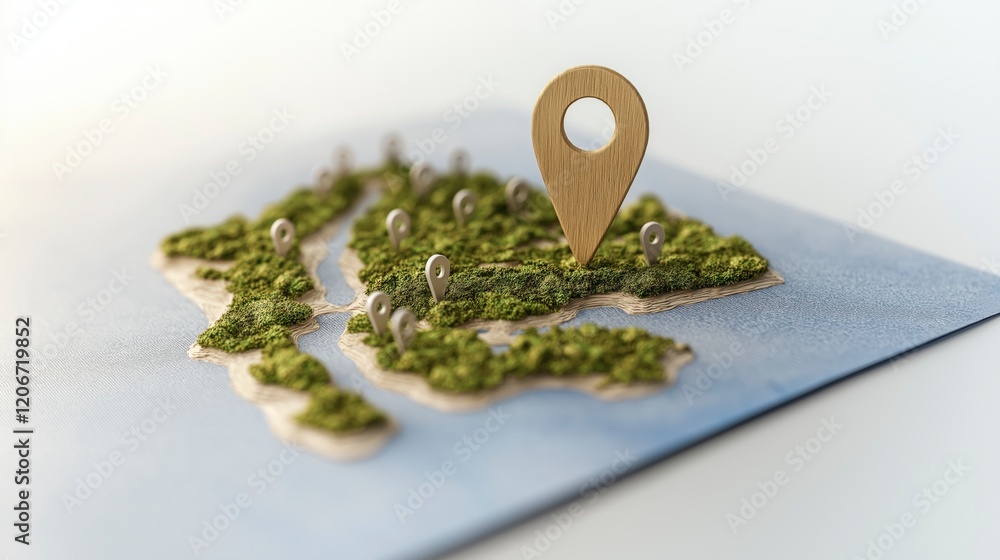 Poster detailed three-dimensional map with location pin and green terrain for travel and navigation concept