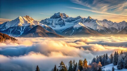 Snow-covered mountain peaks in the early morning light with a misty fog rising from the valley below, snowy valleys, scenic views