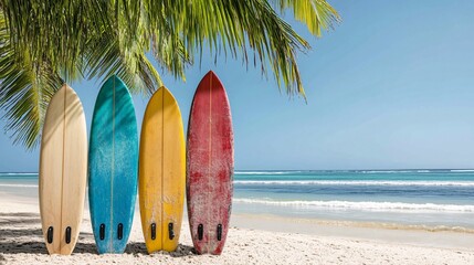 Colorful surfboards lined up on a pristine beach under a palm tree, with a clear blue sky and serene ocean waves, evoking a tropical paradise and surfing adventure