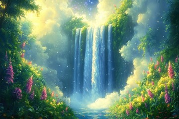 Tranquil Serenity - Pristine Waterfall Flowing into Clear Pool under Summer Starlit Sky