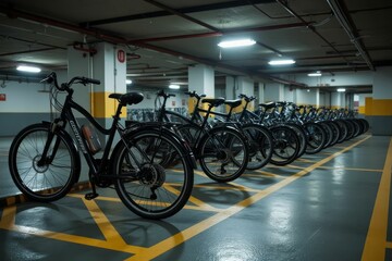 Black Electric Bikes Parked In Underground Garage