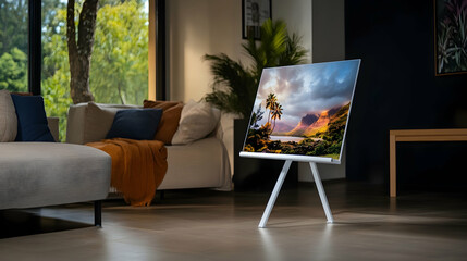 Modern TV display showing tropical landscape in living room. Use Home entertainment advertising