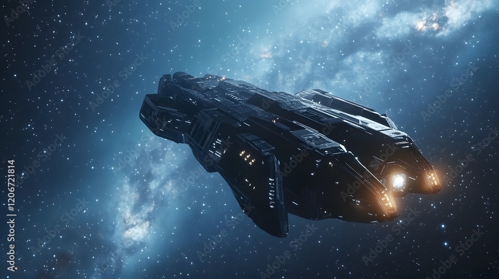 Poster dark spaceship soaring through starry nebula