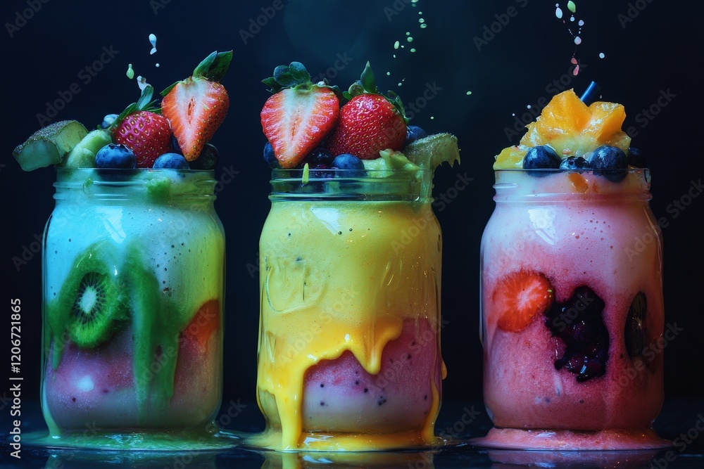 Poster three colorful fruit smoothies in mason jars with dripping smoothie and fresh fruit toppings.