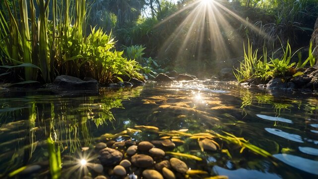 Serene River Scene: Samba Argentina Swimming Amid Lush Aquatic Plants and Pebbles