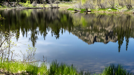 Fototapeta premium Mountain reflection in calm lake, spring foliage, peaceful nature scene; ideal for travel brochures