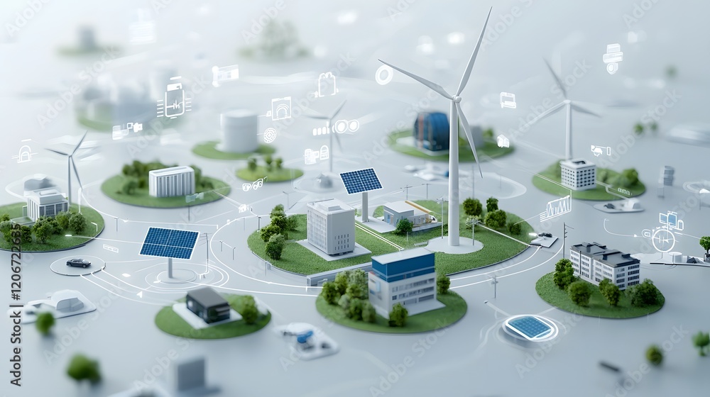 Aufkleber conceptual 3d of a smart grid system that seamlessly integrates wind and solar energy with urban and