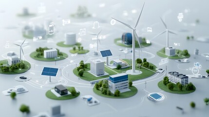 Conceptual 3D of a smart grid system that seamlessly integrates wind and solar energy with urban and rural power consumers showcasing a modern efficient and sustainable energy infrastructure
