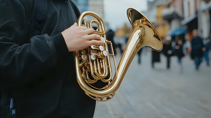Fototapeta premium Musician playing horn in city street, blurred crowd background; stock photo for music, travel, or city life articles