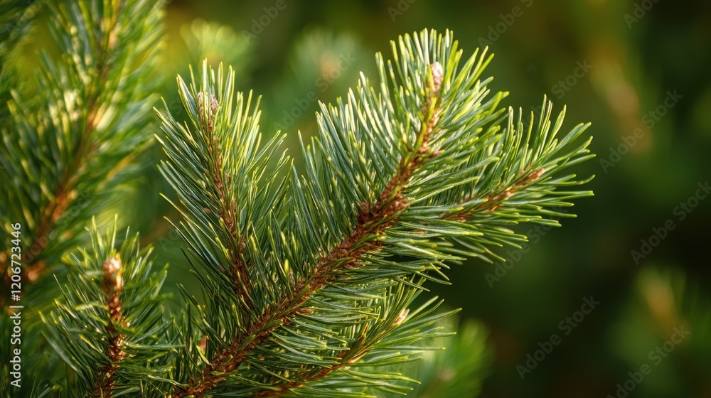 Poster serene sunlit pine tree in enchanting forest - panoramic nature background with copyspace for text