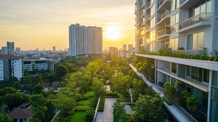 Sunset cityscape, modern apartment, rooftop garden, urban green space, real estate