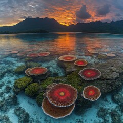Serene Coral Reef Oasis: Vibrant Underwater Scene with Mossy Rocks and Lush Greenery under Pastel Sunset Sky