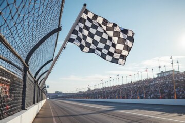 Checkered flag waves at a race track finish line
