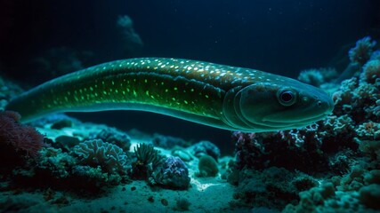 European Eel Illuminated by Bio luminescent Organisms in a Mystical Nighttime Underwater Scene