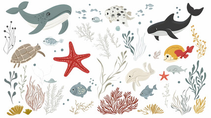 Ocean animals and plants illustration, underwater scene, kids decor, design element