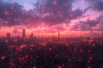 Fototapeta premium vibrant city skyline at sunset, illuminated by sparkling lights and colorful sky. scene captures beauty of urban life with magical atmosphere