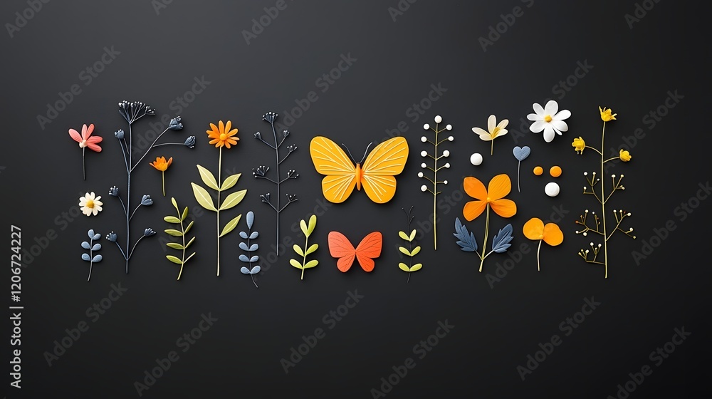 Aufkleber elegant and arrangement of glowing botanical elements including flowers leaves and butterflies in a 