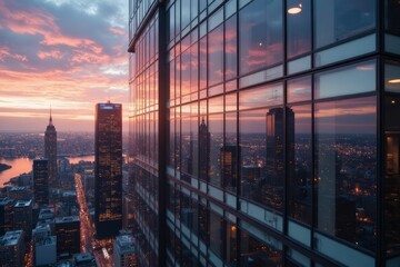 Cityscape Reflected In Modern Glass Building At Sunset