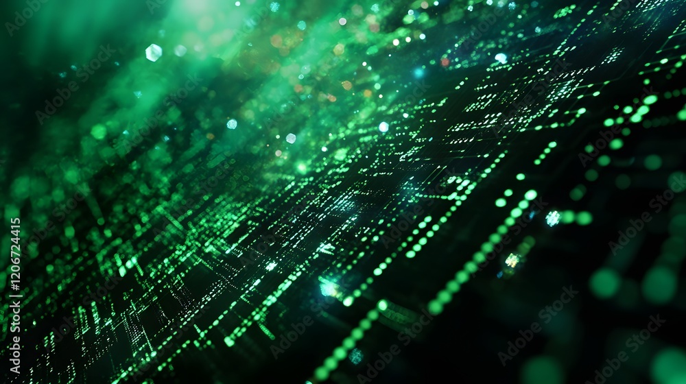 Poster binary code background, green color, matrix, with lines creating a futuristic atmosphere, conveying 