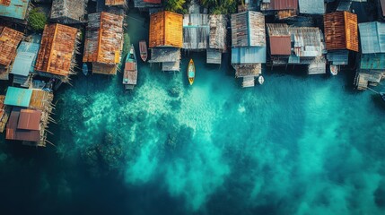 ramshackle wooden fishing village floating in an open tropical sea. aerial view.