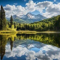 Mountain lake reflection, aspen trees, sunny sky, Colorado, travel poster