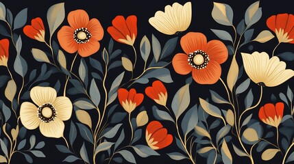 Dark floral seamless pattern, orange & cream flowers, leaves, textile design