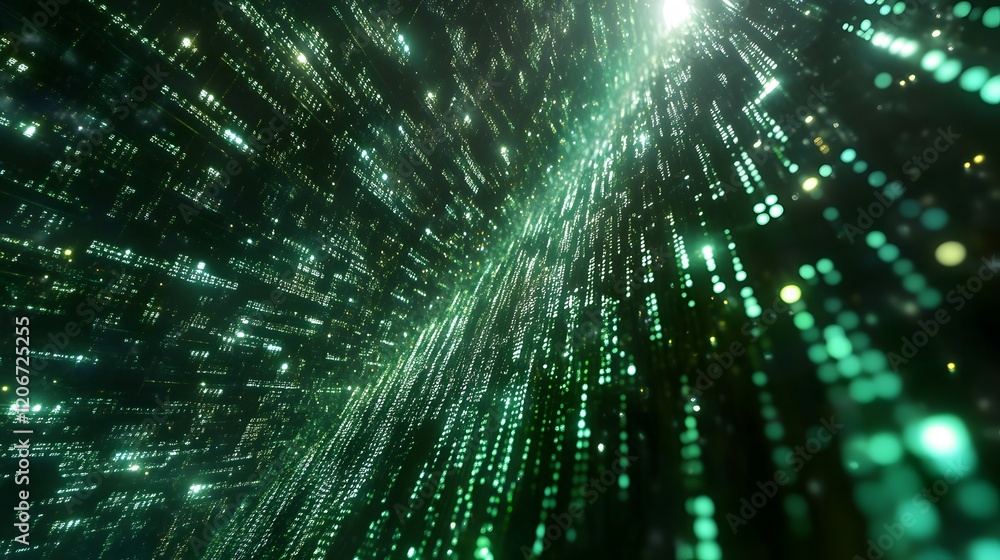 Poster binary code background, green color, matrix, with lines creating a futuristic atmosphere, conveying 