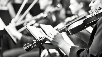 Orchestra musicians performing violin concerto; audience blurred background; classical music concert
