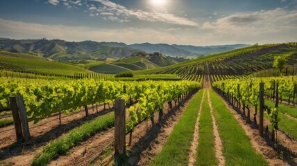 Fototapeta premium Lush vineyard rows stretching across rolling hills under a bright sunny sky landscape