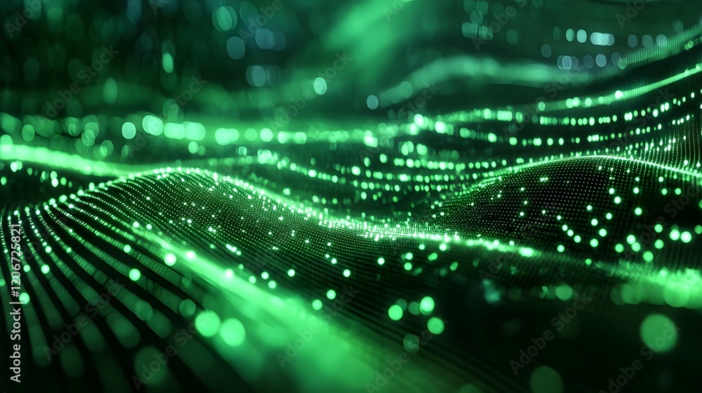 Poster binary code background, green color, matrix, with lines wavy creating a futuristic atmosphere, conve