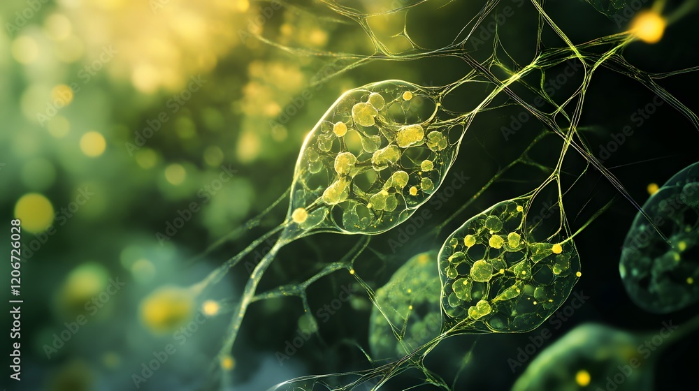 Poster microscopic view of green cells with branching structures