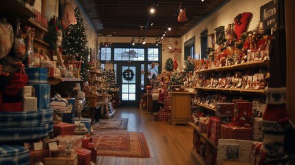 Fototapeta premium Festive shop interior, Christmas gifts, wooden floors, snowy street view, holiday shopping