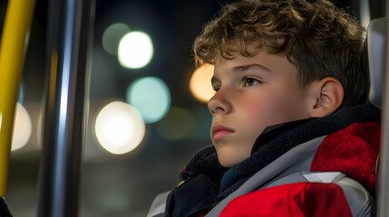 Pensive boy riding night bus, city lights blurred background; ideal for loneliness, transit, childhood themes