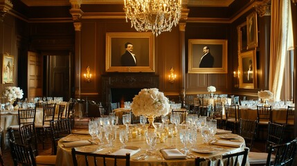 Elegant wedding reception, mansion ballroom, portraits, floral centerpiece