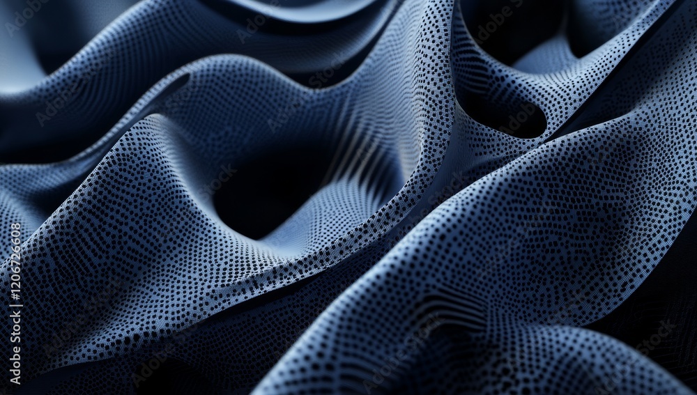 Poster Abstract dark blue wave texture, 3D render of flowing fabric with dotted pattern.