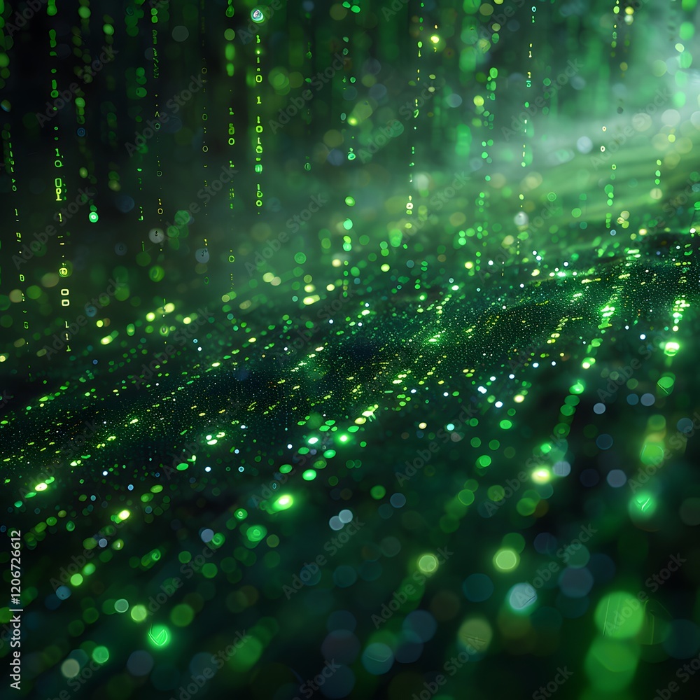 Poster binary code background, green color, matrix, with lines creating a futuristic atmosphere, conveying 