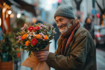 Man handing flowers to a stranger on the street, celebrating Random Acts of Kindness Day.