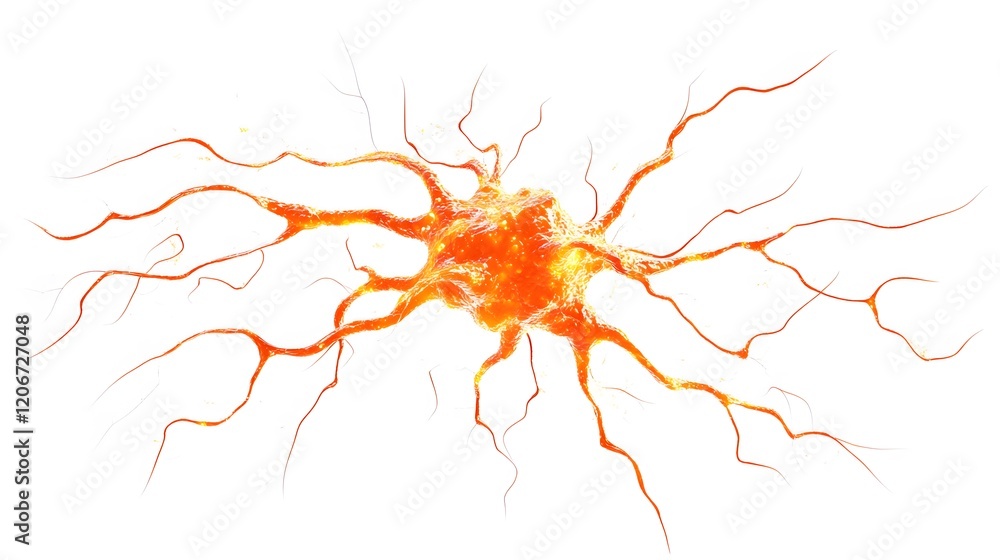 Poster a vibrant orange neuron cell with extensive branching dendrites
