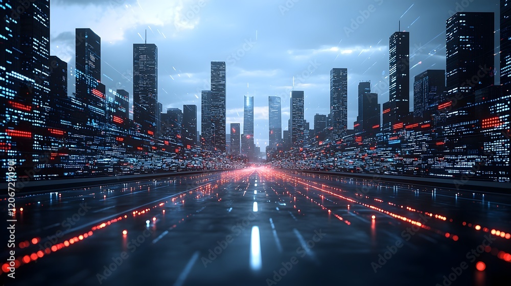 Leinwandbilder Futuristic digital cityscape with seamless glowing data streams flowing through a modern sleek urban design  Vibrant neon lights and abstract geometric patterns create a dynamic