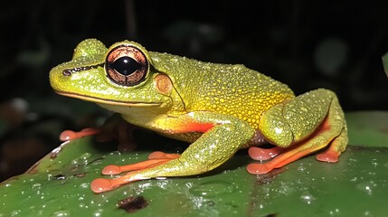 Fototapeta premium Rainforest frog, perched, leaf, night, dew, jungle, wildlife, amphibian, nature, photography
