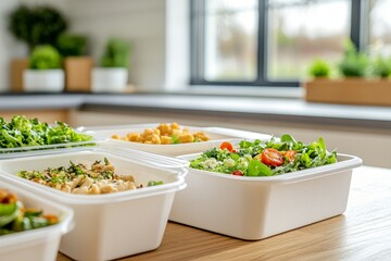 Assorted healthy salads in white containers on kitchen counter.
