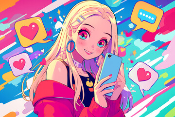 Young woman smiling while using smartphone, colorful background with social media icons and hearts
