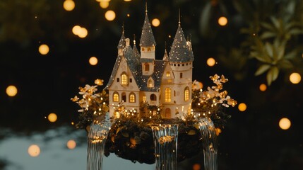 Obraz premium Enchanting illuminated fairy tale castle surrounded by glowing lights over cascading water and serene natural setting