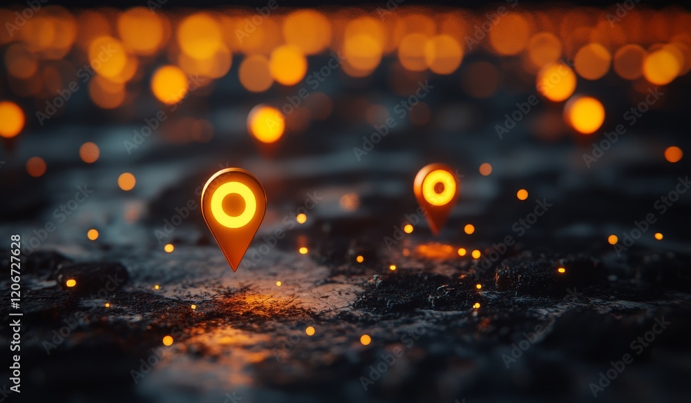 Poster glowing map markers on dark, textured surface with bokeh lights.