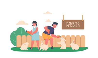 Children Characters Interact And Play With Rabbits On Livestock Farm. The Young Ones Pet And Feed The Funny Animals