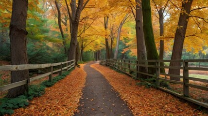 Naklejka premium A winding path through a forest of autumn trees with fallen orange leaves on the ground