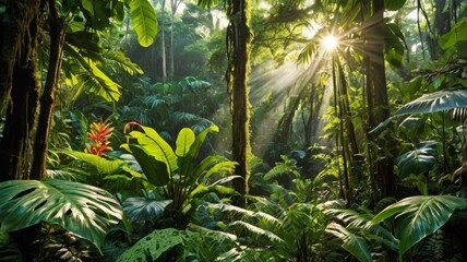 Lush rainforest with sun rays filtering through dense foliage creating a serene atmosphere