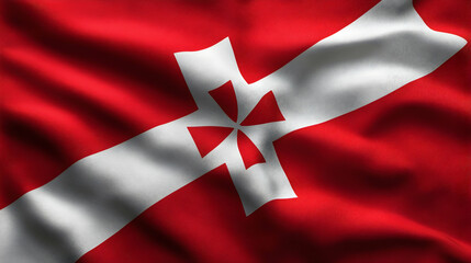 Red and white flag waving, patriotic symbol, national pride, fabric texture, background for design