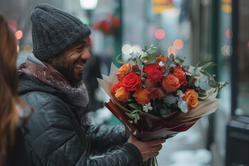 Man handing flowers to a stranger on the street, celebrating Random Acts of Kindness Day.