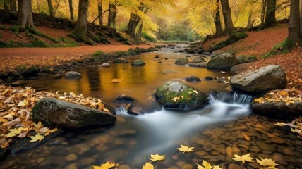 Fototapeta premium Autumnal serenity a stream flows through golden woods leaves scattered on the rocks and water